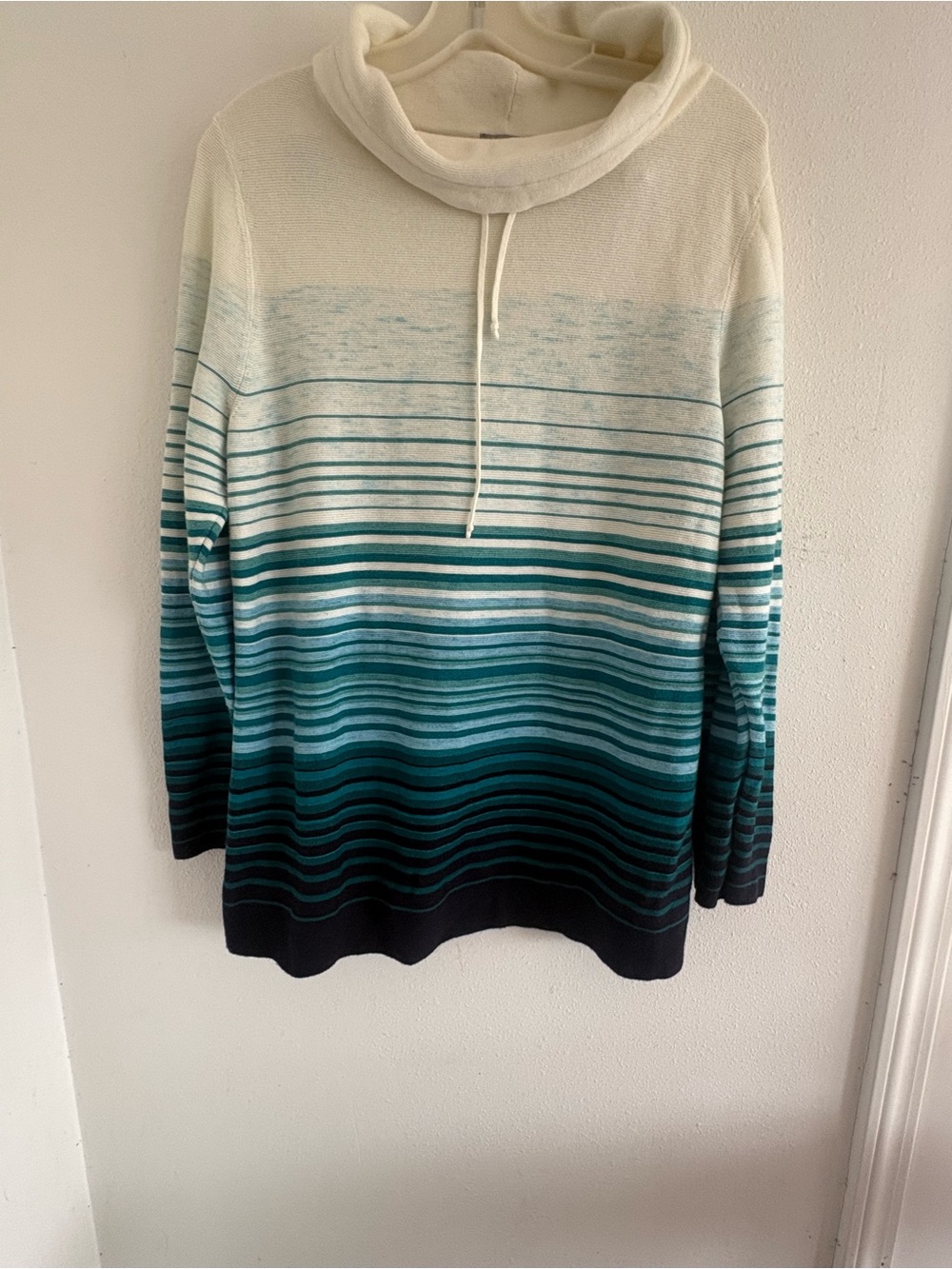 T by Talbots Teal Ombre Stripe Cowl Neck Sweater L